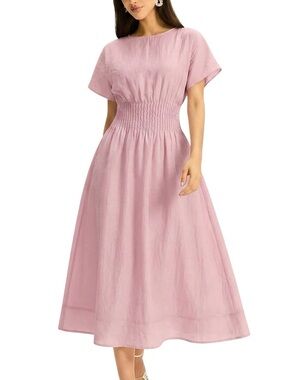 Commense Blush Pink Smocked-Waist Midi Dress